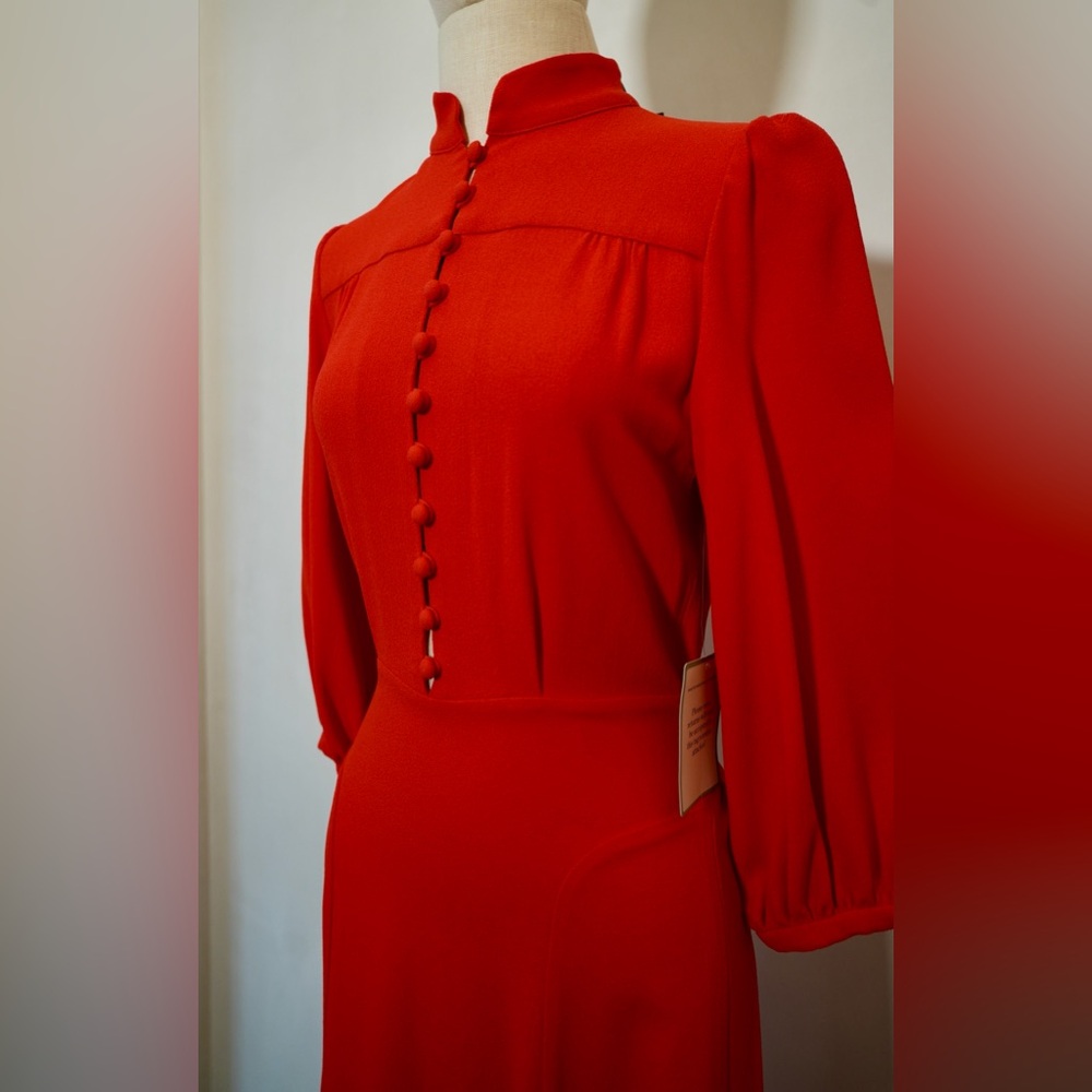 Belle Freud Red Long Sleeve Midi Dress - Elegant Button-Front - Picture 3 of 5